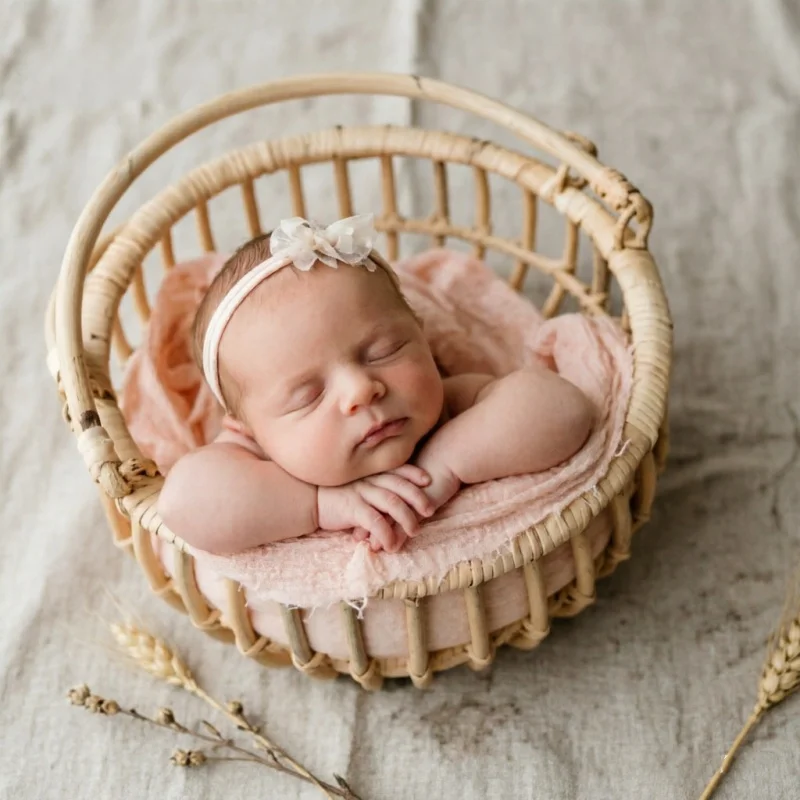 Home Decor Rattan - Infant Posing Bed Retro Rattan Basket