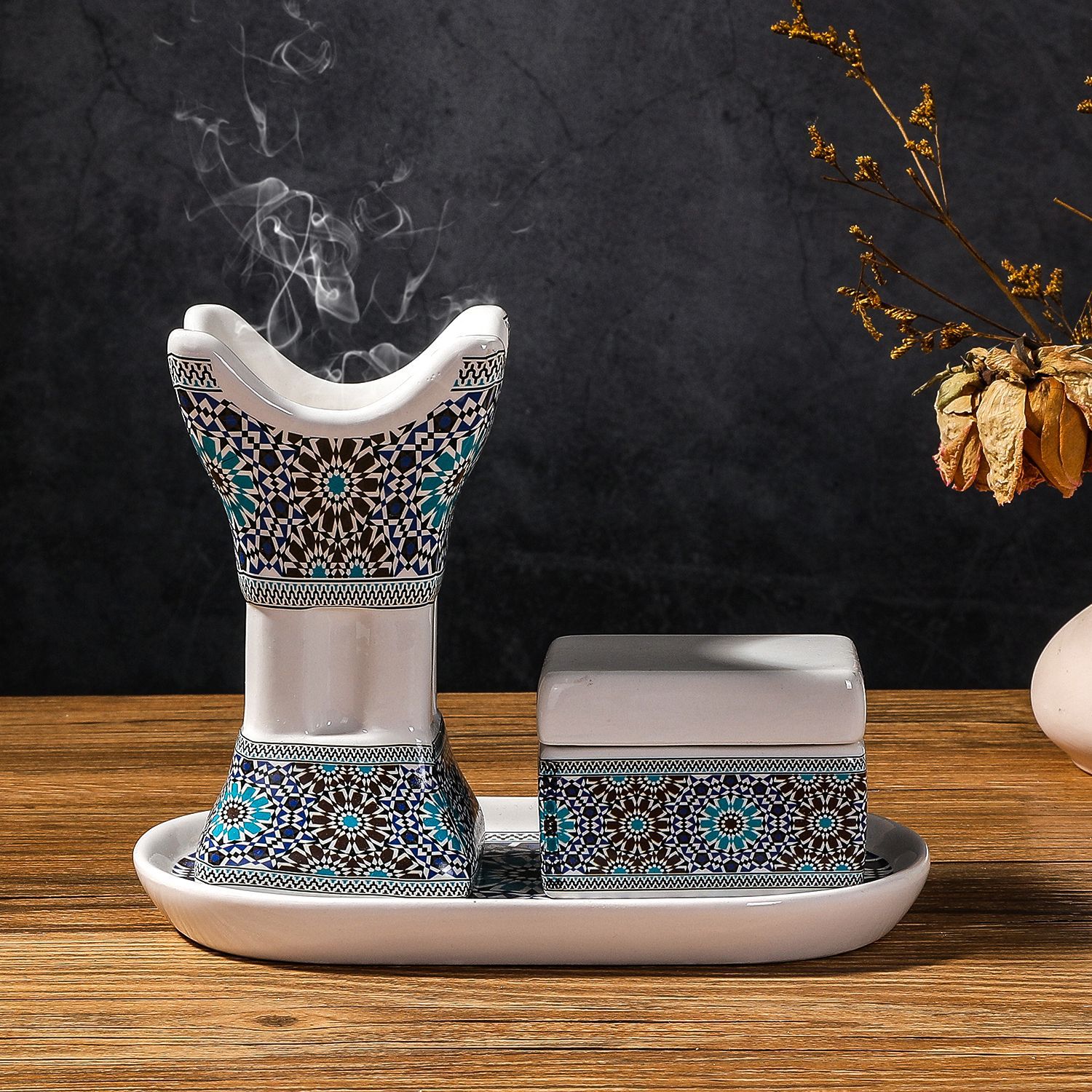 Home Decor Humacao - Arabic Ceramic Printed Four-corner Incense Burner